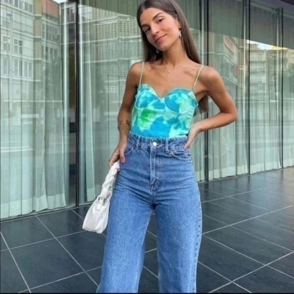 Zara Satin Effect Bustier Corset Bodysuit Blue Green Size Small Blogger Fave - Picture 7 of 15